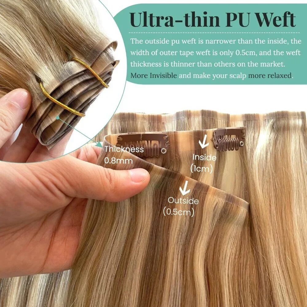 Seamless Clip in Hair Extensions Human Hair Blonde Balayage 18 Inch